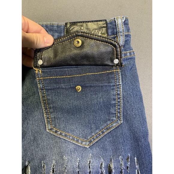 COOGI Frayed Fringe Embroidered Cut-off Jeans Leather Patchwork Y2K Grunge - Picture 13 of 15